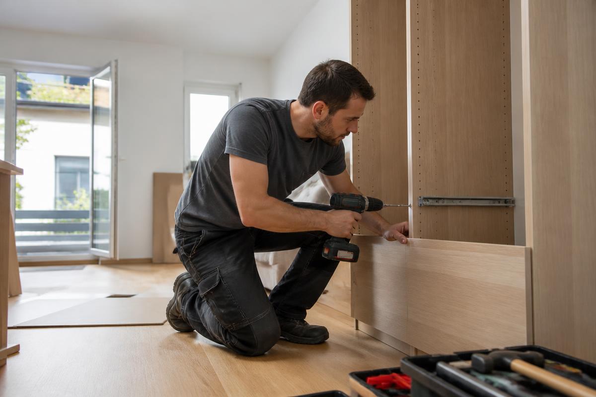 Monteur beim Aufbau eines Kleiderschranks
