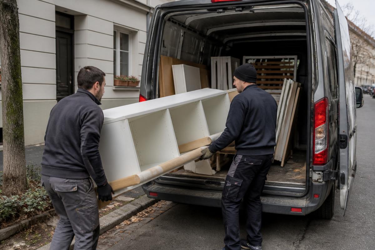 Zwei Mitarbeiter verladen Gegenstände zur Entsorgung