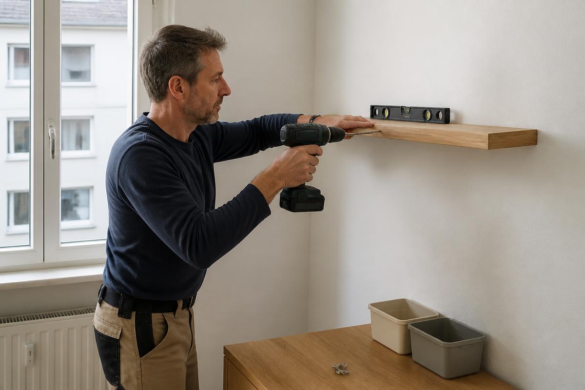 Handwerker montiert ein Wandregal