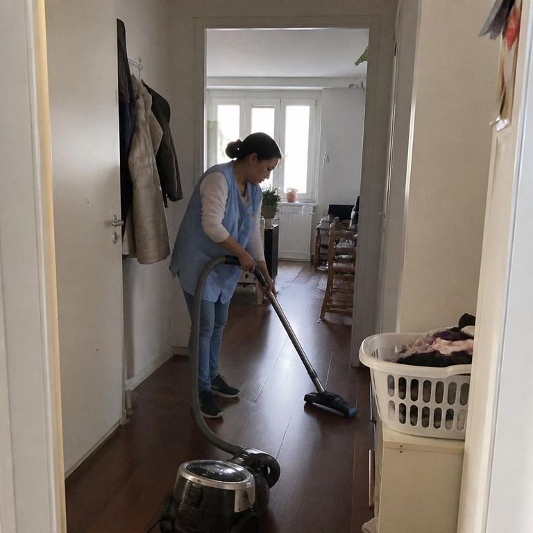 Reinigungskraft pflegt eine gemütliche helle Wohnung